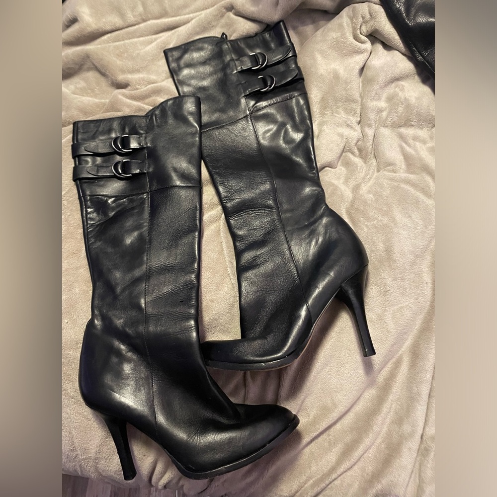 Cole Haan black leather over the calf heeled boots 7B